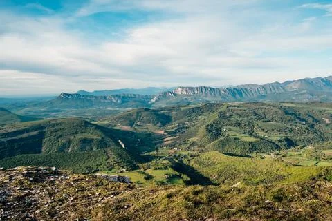 Scenic view of cliffs and forests from the mountains 스톡 사진