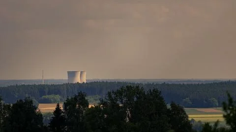 Scenic view of closed down nuclear power plant Gundremmingen cooling towers.. Stock Photos