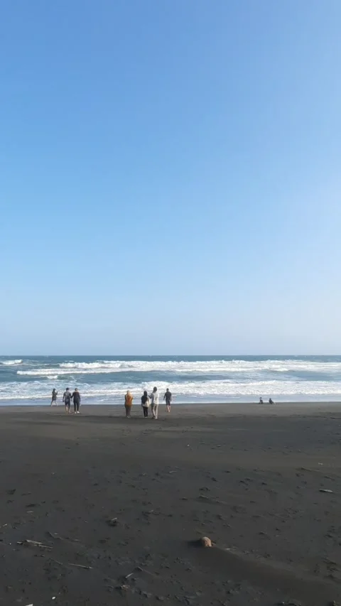 Scenic View of Dark Sand Beach with Ocean Waves and Distant People Stock Footage 337644105