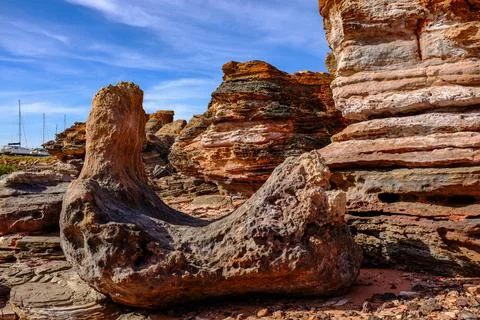 Scenic view of dramatic rock formations along the coastline at Broome Stock Photos