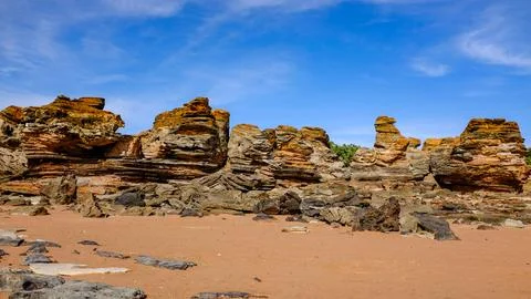 Scenic view of dramatic rock formations along the coastline at Broome Stock Photos