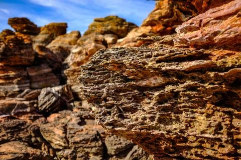 Scenic view of dramatic rock formations along the coastline at Broome Stock Photos