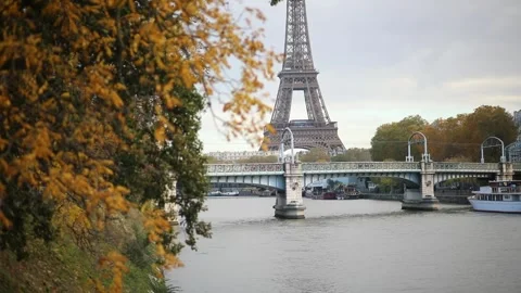 Scenic view to the Eiffel tower over the river Seine Stock Footage 317078640