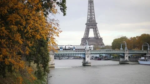 Scenic view to the Eiffel tower over the river Seine Stock Footage 317078643