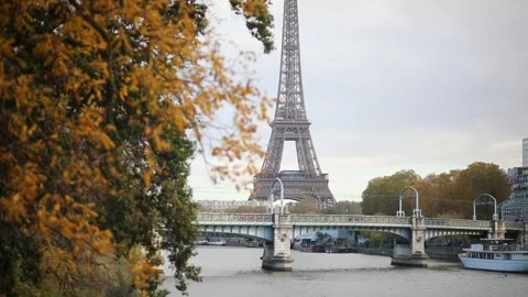 Scenic view to the Eiffel tower over the river Seine Stock Footage 317078662