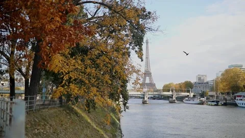 Scenic view to the Eiffel tower over the river Seine Stock Footage 317078680