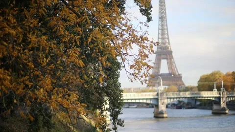 Scenic view to the Eiffel tower over the river Seine Stock Footage 317078719
