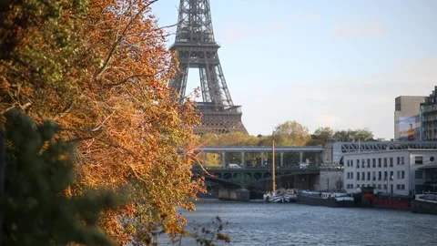 Scenic view to the Eiffel tower over the river Seine Stock Footage 317078783