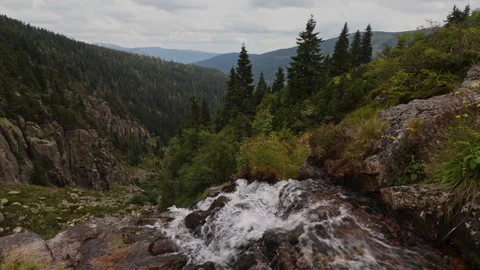 Scenic view of Elbe Waterfall flowing into Elbe Valley under a cloudy sky, .. Stock Footage 340457347