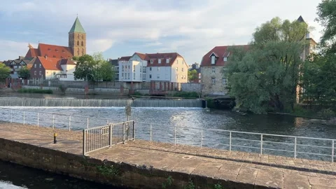 Scenic view of the Ems river weir in Rheine, Germany, featuring historic bu.. Stock Footage 340071353