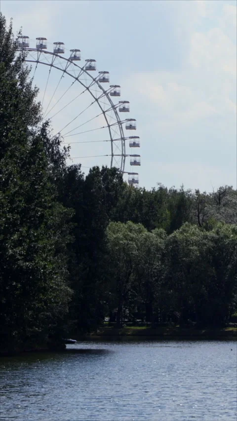 Scenic View Of Ferris Wheel Behind Lush Green Trees By The Lake. Vertical. Stock-Footage 291389087
