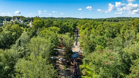 Scenic View of a Forested Path With Construction Work and Clear Blue Sky in.. Stock Photos