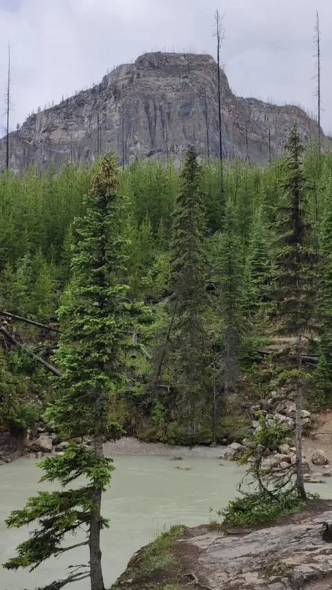 Scenic view of a glacial river flowing beneath a rugged mountain peak Vidéo 334084926