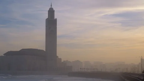 Scenic view of Hassan II Mosque at sunrise - Casablanca, Morocco Stock Footage 126011925