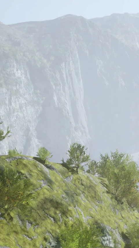 Scenic view of hills and cliffs during a foggy morning in nature area Stock Footage 341263632