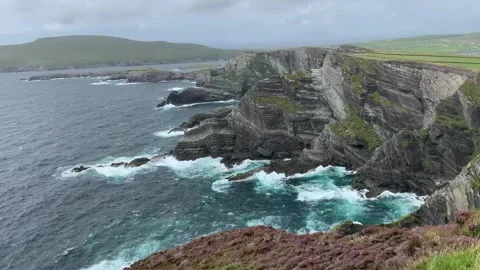 Scenic view of Kerry cliffs. Irish coastal nature. Atlantic ocean waves. Ireland Stock Footage 254500286