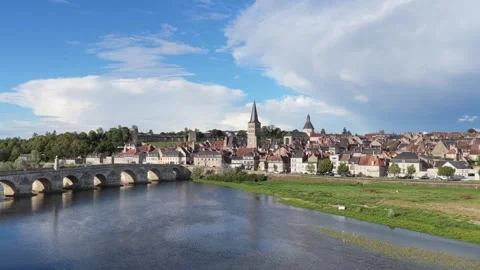 Scenic view of La Charite sur Loire, France, featuring the picturesque old town Stock Footage 346705595