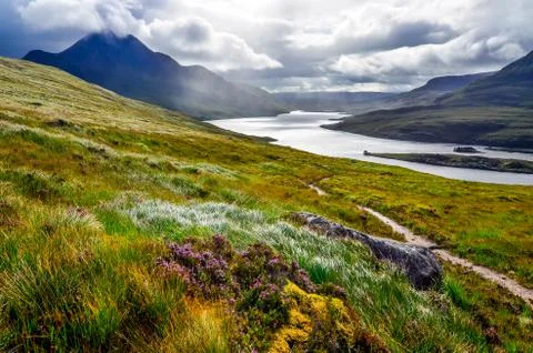 Scenic view of the lake and mountains, inverpolly, scotland Stock Photos