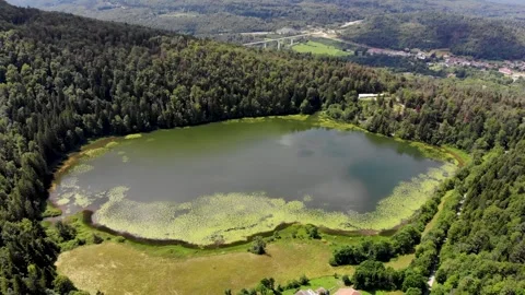 Scenic view of Lake Antre surrounded by forest in Villards d Heria, Jura, F.. Stock Footage 341882623