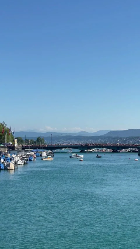 The scenic view of Limmat river during street parade in zurich, Switzerland 스톡 동영상 336330016