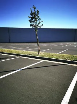 A scenic view of a lone tree in an empty parking lot against clear blue sky b Stock Photos