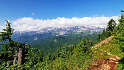 Scenic View of Mount Rainier from Pinnacle Peak Trail in Mount Rainier National Stock Footage 332138637