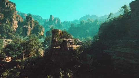 A scenic view of a mountain range with trees and rocks Stock Illustration