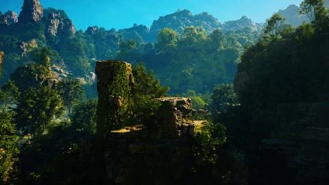 A scenic view of a mountain range with trees and rocks Stock Illustration