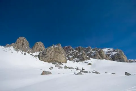 Scenic view of a mountain range in winter. Stock Photos