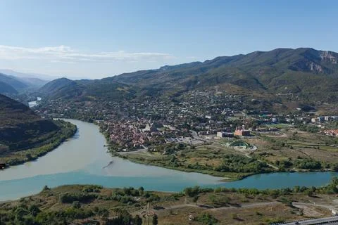Scenic View Of Mtskheta City And River Confluence In Georgia Stock Photos