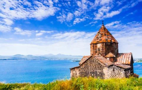 Scenic view of an old Sevanavank church in Sevan, Armenia Stock Photos