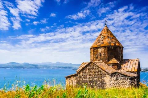 Scenic view of an old Sevanavank church in Sevan, Armenia Stock Photos