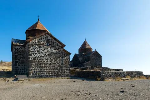 Scenic view of an old Sevanavank church in Sevan, on sunny day Fotos de archivo