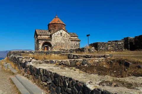 Scenic view of an old Sevanavank church in Sevan, on sunny day Stock Photos