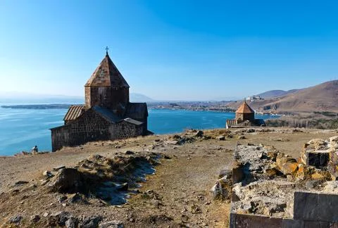 Scenic view of an old Sevanavank church in Sevan, on sunny day Stock Photos