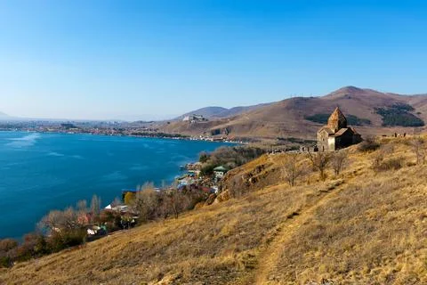 Scenic view of an old Sevanavank church in Sevan, on sunny day Fotos de archivo