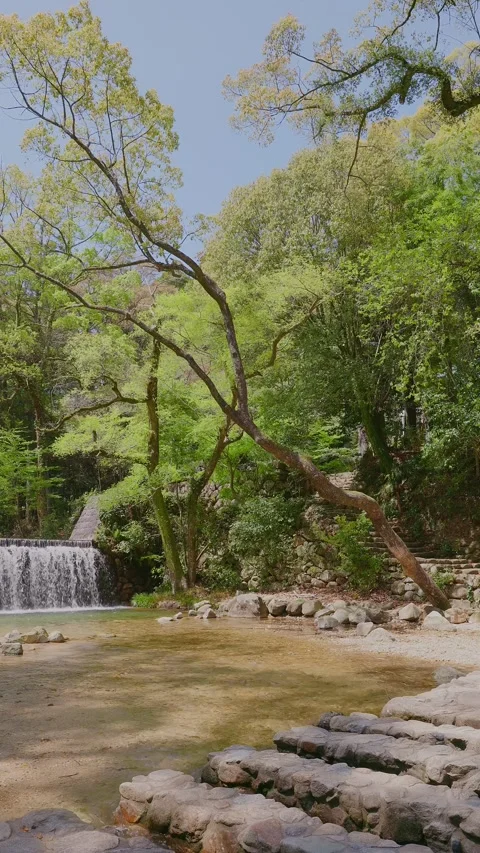 Scenic view of old stone steps and an artificial waterfall Vídeos de archivo 332870674