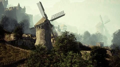 Scenic view of the old windmill of Collioure Stock Illustration