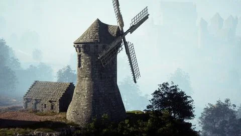 Scenic view of the old windmill of Collioure Stock Illustration