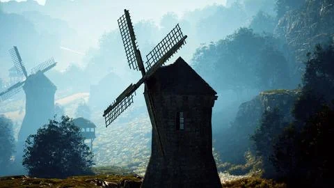 Scenic view of the old windmill of Collioure Stock Illustration
