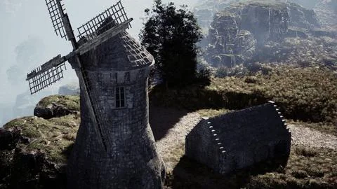 Scenic view of the old windmill of Collioure Stock Illustration