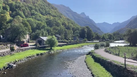 Scenic view of Orgeix, a small mountain village near Ax-les-Thermes in Ariège Stock Footage 346821569