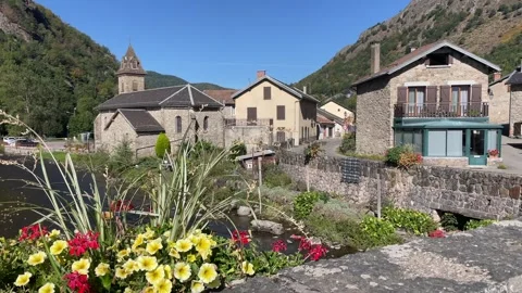 Scenic view of Orgeix, a small mountain village near Ax-les-Thermes in Ariège Stock Footage 346821574