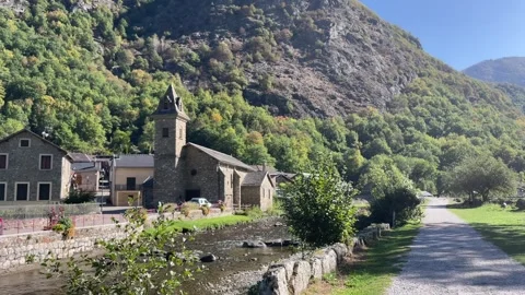Scenic view of Orgeix, a small mountain village near Ax-les-Thermes in Ariège Stock Footage 346821596