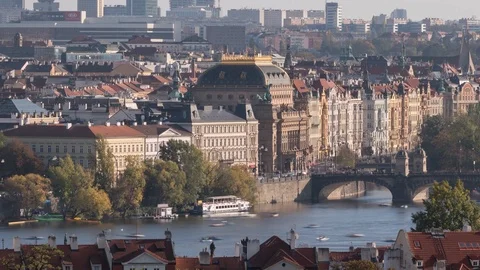 Scenic view over the city of Prague with national theatre and Moldova Timelapse Stock Footage