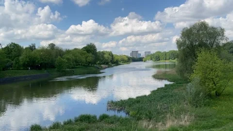 Scenic view of peaceful river surrounded by greenery and cloudy blue sky ba.. Stock Footage 341267274
