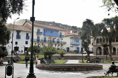 Scenic view of people near the Fountain in Regocijo Square in Cusco, Peru Stock Photos