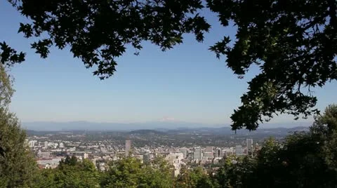 Scenic View of Portland Oregon Cityscape with Mount Hood Stock Footage