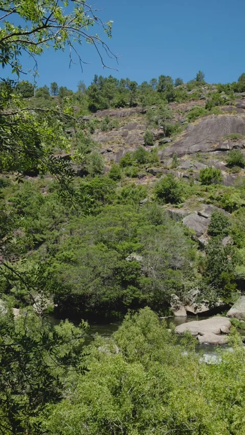 Scenic view of a river flowing through a rocky landscape surrounded by moun.. Video stock 295064121
