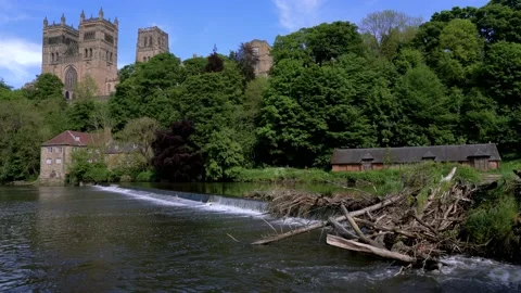 Scenic view of the River Ouse and Durham Cathedral in the distance Stock Footage 156162652